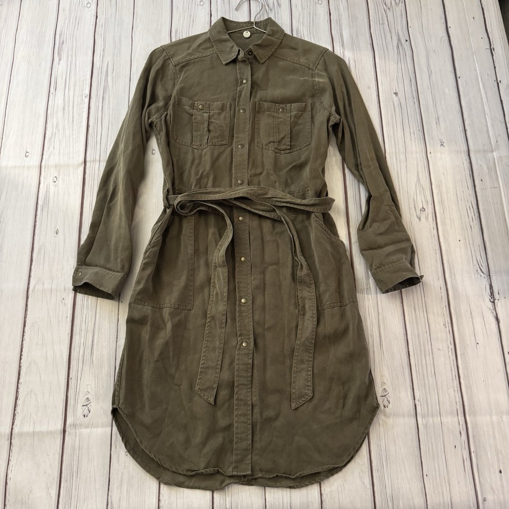 Margaret O'Leary Womens XS Tencel‎ Shirt Dress Olive Green Button Belted Utility